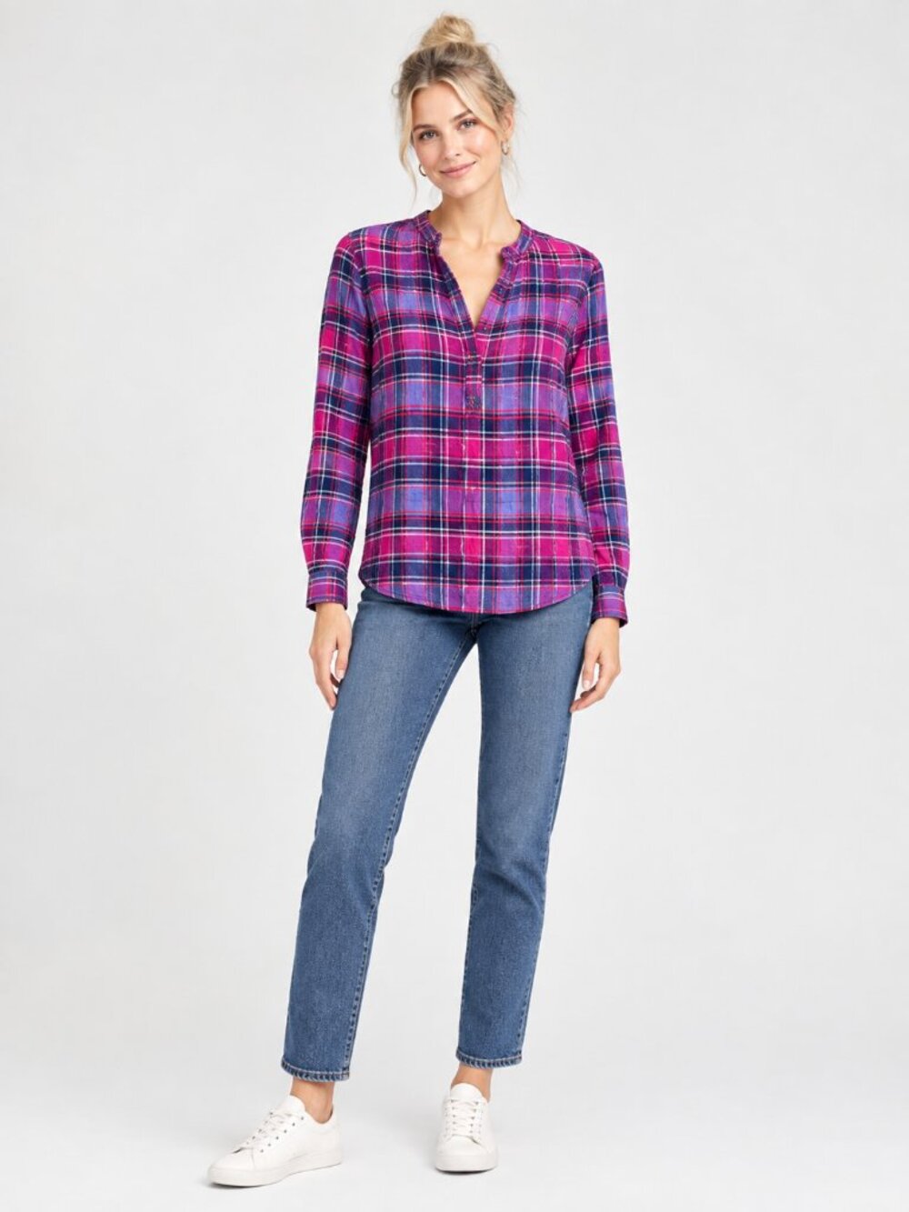 2/$30 Lands' End Petite Plaid Popover Shirt Long Sleeve Purple Multi 12P #A4890
